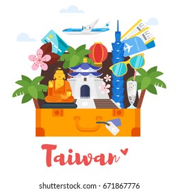 Vector flat style composition of Taiwan cultural symbols. Template for banner or poster for tourist. Isolated on white background