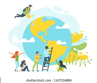 Vector flat style concept for environment protection and ecology. People silhouettes in different poses around planet Earth. Minimalism design with exaggerated objects. Floral elements at background. 