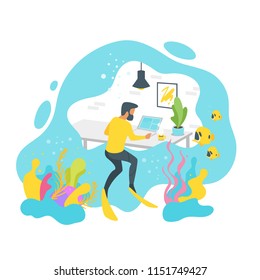 Vector flat style concept for freelance and remote work. Man silhouette working in office and at the same time relaxing and diving underwater. Minimalism design with exaggerated objects. 