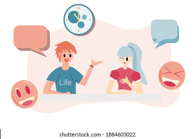 Vector flat style Concept happy, communication people. Young people who are having fun chatting.  Illustration for content  Chatting activities, communication, free time during holidays.