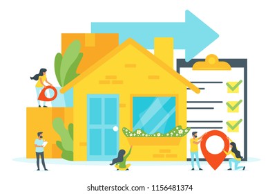 Vector flat style concept for moving home and relocation. People silhouettes in different poses around  paper boxes. Minimalism design with exaggerated objects. 