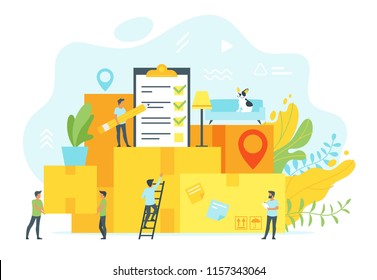 Vector flat style concept for moving home and relocation. People silhouettes in different poses around  paper boxes. Minimalism design with exaggerated objects. Floral elements at the background.