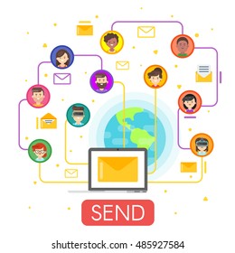Vector flat style concept of social network. Laptop and people icons. White isolated background. Virtual reality headset.