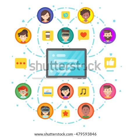 Vector flat style concept of social network and people comunication. Laptop and people icons. Isolated on white background.