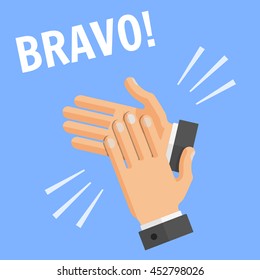 Vector flat style concept of success illustration on blue background with text - "bravo". Hands palm applause, clapping. 