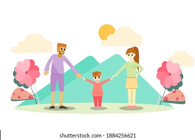 Vector flat style concepts happy family, happy holidays. Parents who take their children out for a walk  In the park, illustration for content  Vacations, family leisure activities, happiness.