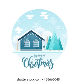 vector flat style country house with spruces and trees with lettering quote - merry christmas. It is snowing now.