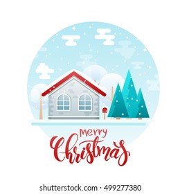 vector flat style country house with spruces and trees with lettering quote - merry christmas. It is snowing now.