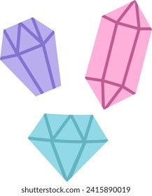 Vector flat style crystals. Unicorn treasures concept. Pink, blue, purple diamond icons. Magic or fairytale precious stone decoration for cards isolated on white background
