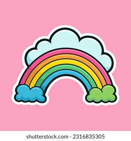 Vector flat style cute cartoon illustration cloud with rainbow sticker isolated on white background. Cool trendy sticker for child