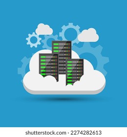 Vector flat style design of big data server on the cloud, around by setting gear icon, cloud computing storage database service system solution, internet online information access 