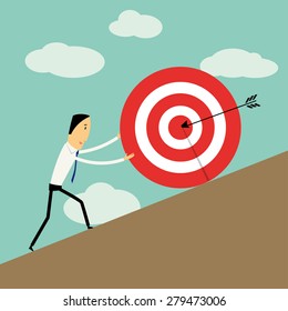Vector flat style design businessman pushing a target to the top. Goal business concept 