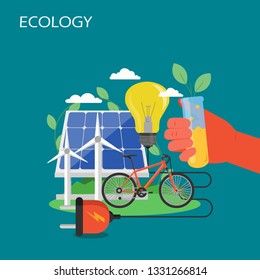 Vector flat style design illustration of wind turbines, solar panels, light bulb, plug, eco transport bicycle, hand holding vial with green sprout. Ecology concept for web banner, website page etc.