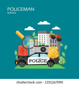 Vector flat style design illustration of police officer badge, sunglasses, siren, patrol car, magnifying glass, photo camera, city buildings. Policeman services concept for web banner, website page.