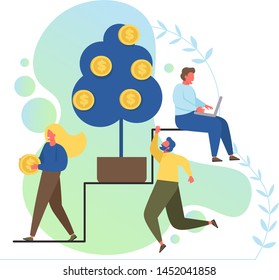 Vector flat style design illustration of business people picking golden dollar coins from money tree. Business growth and financial success, money profit, income concept for web banner, website page.