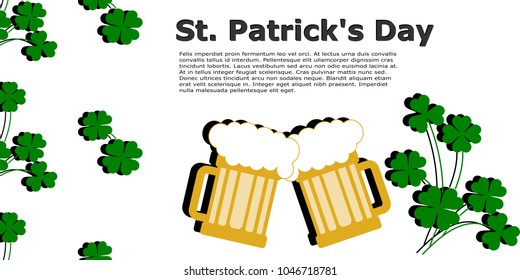 Vector in flat style design for Saint Patrick's day and celebration concept. Shamrock and two mugs of beer on transparent background with free space for your text.