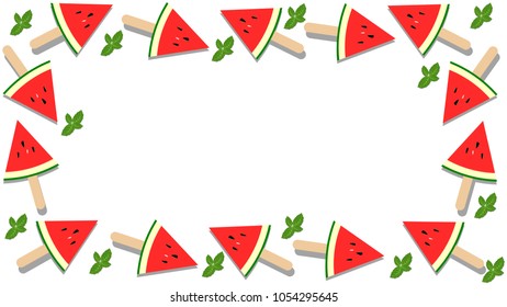 Vector in flat style design. Watermelon popsicles and mint leaves on transparent background. Top view and copy space for text.