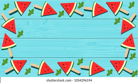 Vector in flat style design. Watermelon popsicles and mint leaves on blue wooden background. Top view and copy space for text.