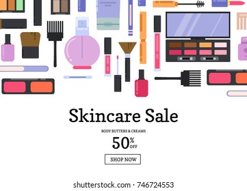 Vector flat style different makeup and skincare sale background banner poster illustration