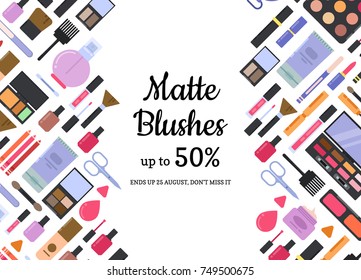 Vector flat style different makeup and skincare sale background. Skincare and makeup advertisement banner illustration