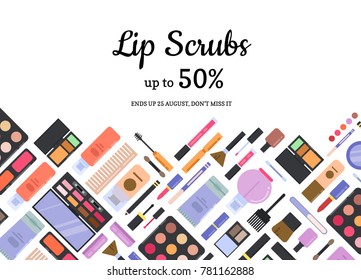 Vector flat style different makeup and skincare sale background. Cosmetic beauty makeup, female lips scrub illustration