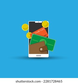 Vector flat style of digital wallet , credit card, cash coin on the smartphone, blue background background, finance technology and online activity payment concept, copy space for individual text