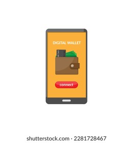 Vector flat style of digital wallet on smartphone , credit card, cash, blue white background background, finance technology and online banking service payment concept, copy space for individual text