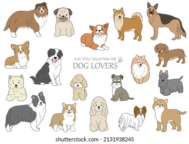 Vector Flat Style Dogs Set Isolated On A White Background. 