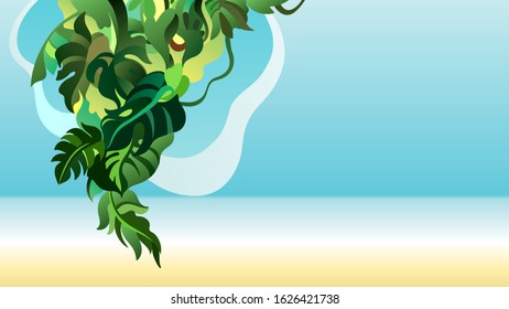 Vector flat style drawing of lianas, palm leaves, tropical jungle plants on ocean or sea background. Summer travel mood. Colorful, simple illustration, background for cutom print and design.