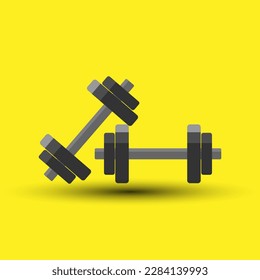 Vector flat style of dumbbell, yellow background, fitness gym lose weight exercise concept, copy space for individual text and design, artboard 4000x4000 pixel