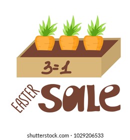 Vector flat style easter sale promo with three carrots by price of one and hand drawn lettering “easter sale” illustration. For easter/ thanksgiving holiday or summer/autumn season discount design