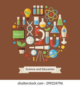 Vector Flat Style Education and Science Objects Concept. Flat Design Vector Illustration. Collection of Chemistry Biology Astronomy Physics and Research Colorful Objects. Set of Back to School Items. 
