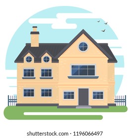 Vector flat style exterior illustration. Modern beige house with dark gray roof on street, sky and clouds on background.