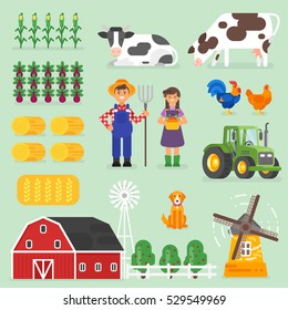 Vector flat style farming set. Farmers, cows and chickens. Isolated on green background. Icon for web.