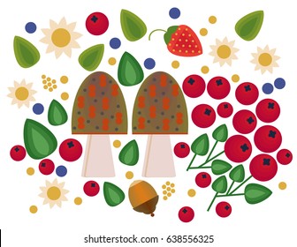 Vector flat style vector forest mushrooms and forest element. Ornamental, traditional with forest berries and mushroom, strawberries, deep, blueberries, mountain ash, cranberries, leaf, nuts, dot.