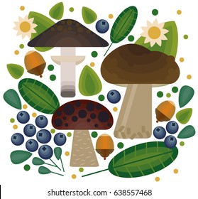 Vector flat style vector forest mushrooms and forest element. Ornamental, traditional with forest berries and mushroom, strawberries, deep, blueberries, mountain ash, cranberries, leaf, nuts, dot.