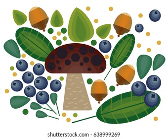 Vector flat style vector forest mushrooms and forest element. Ornamental, traditional with forest berries and mushroom, strawberries, deep, blueberries, mountain ash, cranberries, leaf, nuts, dot.