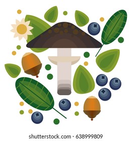 Vector flat style vector forest mushrooms. Ornamental, traditional with forest berries and mushroom, strawberries, deep, blueberries, mountain ash, cranberries, leaf