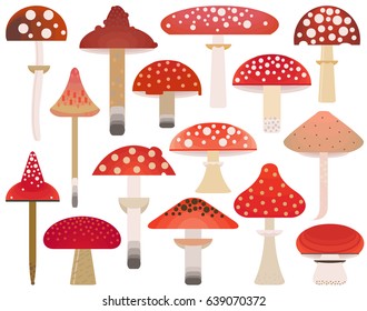 Vector flat style vector forest mushrooms. Ornamental, traditional botanical illustration set with different forms red mushrooms.