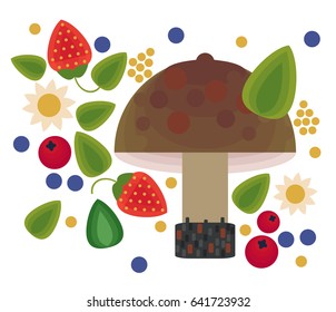 Vector flat style vector forest mushrooms and forest element. Ornamental, traditional with forest berries and mushroom, strawberries, deep, blueberries, mountain ash, cranberries, leaf, nuts, dot.