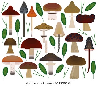 Vector flat style vector forest mushrooms. Ornamental, traditional with forest mushroom and leaf.