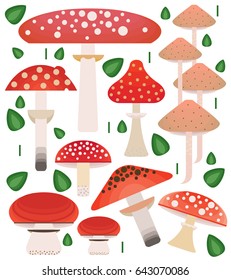 Vector flat style vector forest mushrooms set. Ornamental, traditional with forest berries and mushroom, strawberries, deep, blueberries, mountain ash, cranberries, leaf
