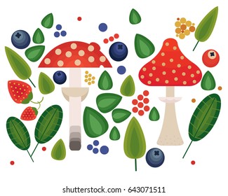 Vector flat style vector forest mushrooms and forest element. Ornamental, traditional with forest berries and mushroom, strawberries, deep, blueberries, mountain ash, cranberries, leaf, dot.
