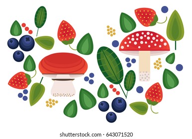 Vector flat style vector forest mushrooms and forest element. Ornamental, traditional with forest berries and mushroom, strawberries, deep, blueberries, mountain ash, cranberries, leaf, dot.