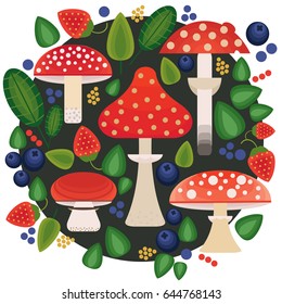 Vector flat style vector forest mushrooms and forest element. Ornamental, traditional with forest berries and mushroom, strawberries, deep, blueberries, mountain ash, leaf, nuts, dot.
