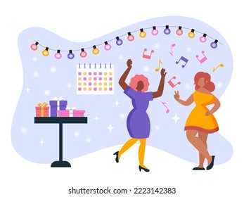 Vector, de estilo plano. Bailan las chicas, fiesta, fiesta, baile, música. Feminismo. Latinoamericanos y africanos. Regalos, fuegos artificiales.	
