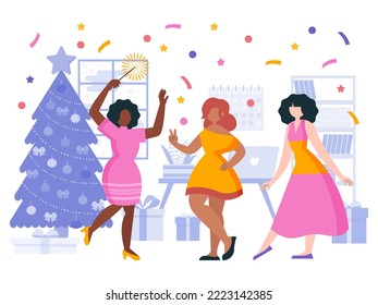 Vector, flat style. Girls dancing, party, party, dancing, music. Feminism. Latin Americans and Africans. Gifts, fireworks.	
