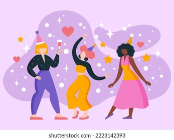Vector, flat style. Girls dancing, party, party, dancing, music. Feminism. Latin Americans and Africans. Gifts, fireworks.	
