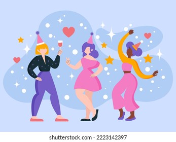 Vector, de estilo plano. Bailan las chicas, fiesta, fiesta, baile, música. Feminismo. Latinoamericanos y africanos. Regalos, fuegos artificiales.	
