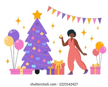 Vector, flat style. Girls dancing, party, party, dancing, music. Feminism. Latin Americans and Africans. Gifts, fireworks.	
